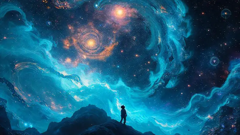 Explorador contempla un paisaje cósmico vibrante