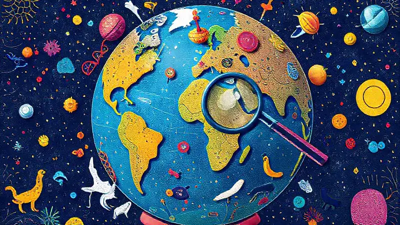 Globo colorido con símbolos científicos y animales