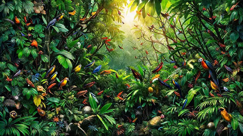 Collage vibrante de fauna y hábitats naturales