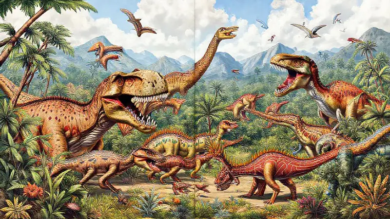 Dinosaurios en un paisaje prehistórico vibrante
