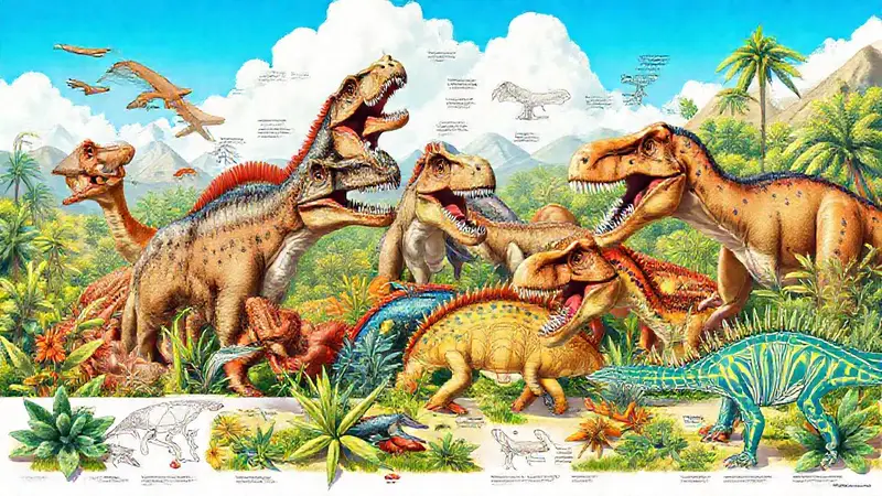 Diversos dinosaurios comiendo plantas en un paisaje