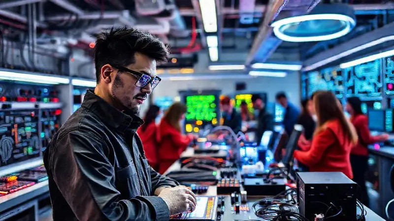 Ingeniero moderno en laboratorio tecnológico vibrante