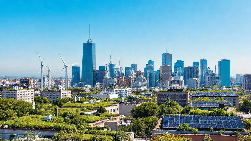 Ciudad sostenible con tecnología y naturaleza