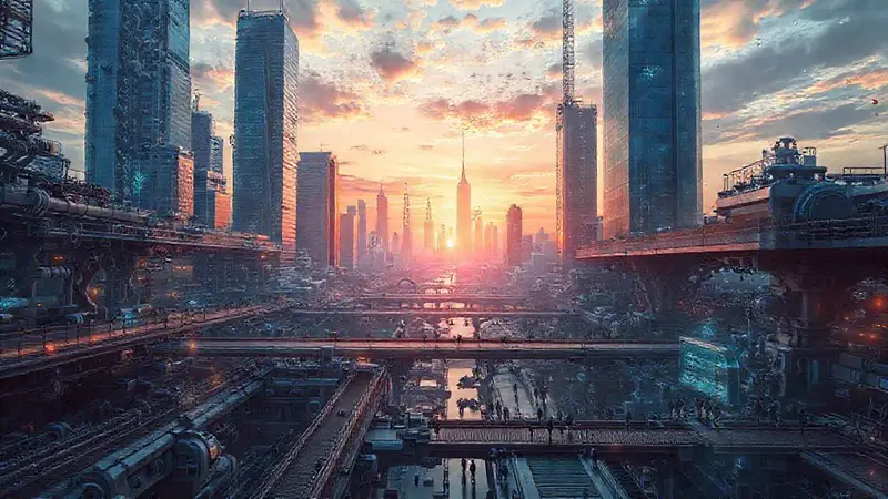 Ciudad moderna con rascacielos y tecnologías