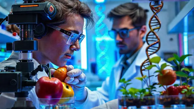 Científico examina frutas modificadas genéticamente