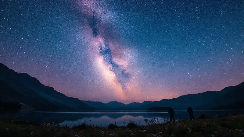 Cielo estrellado y lago reflejando magia