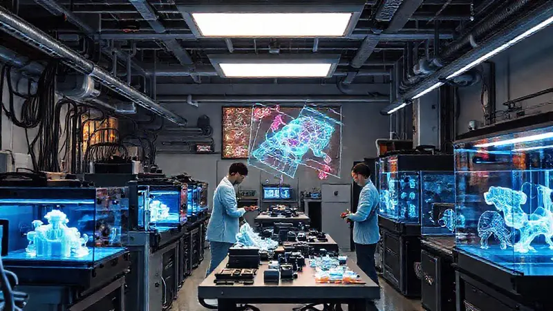 Laboratorio futurista con ingenieros y tecnología avanzada