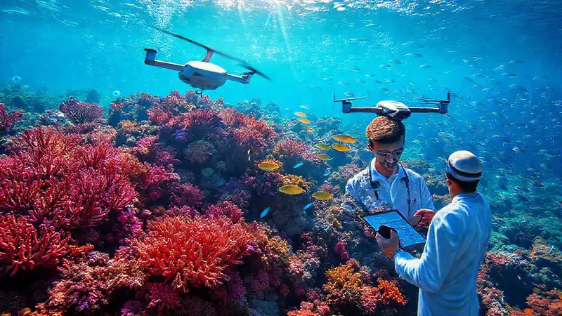 Arrecifes de coral vibrantes con tecnología avanzada