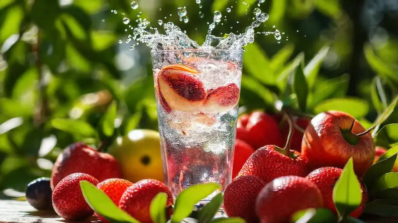 Frutas vibrantes y agua fresca en verano