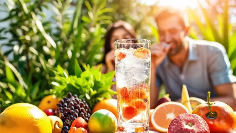 Familia sonriente disfruta de frutas y agua