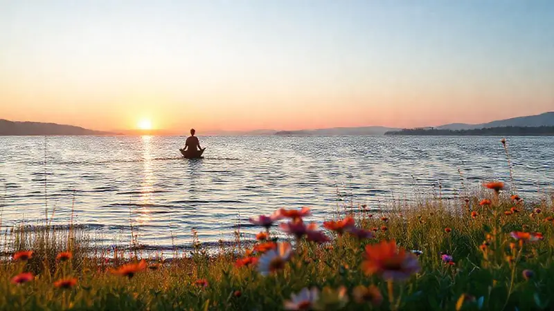Paisaje sereno con lago y figura meditando