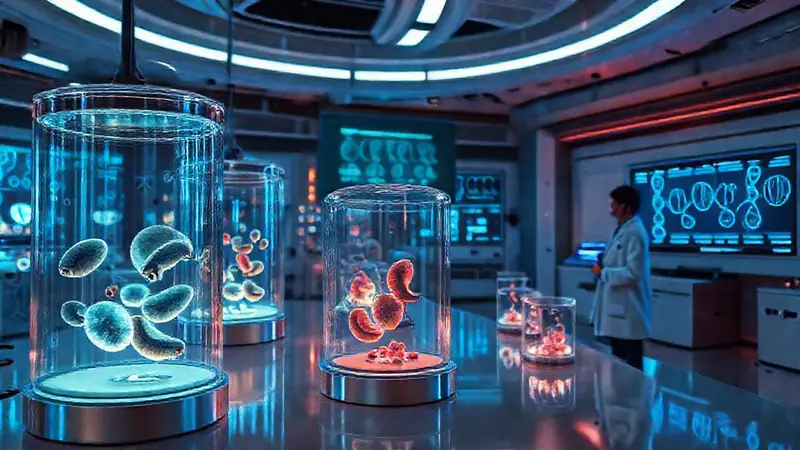 Laboratorio futurista con embriones y dilemas éticos