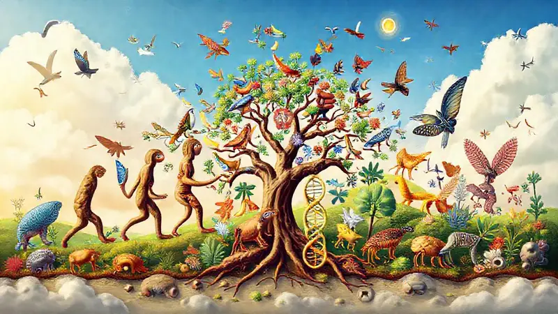 Ilustración colorida de evolución y diversidad