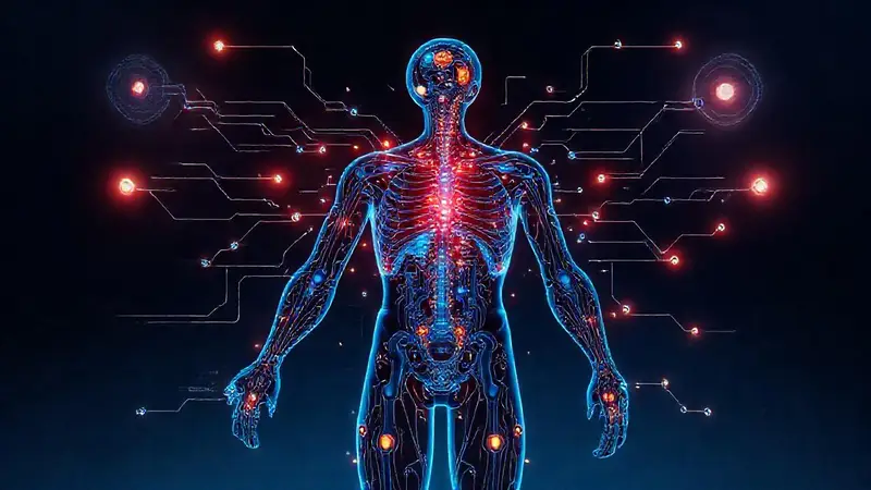 Diagrama anatómico futurista que integra tecnología