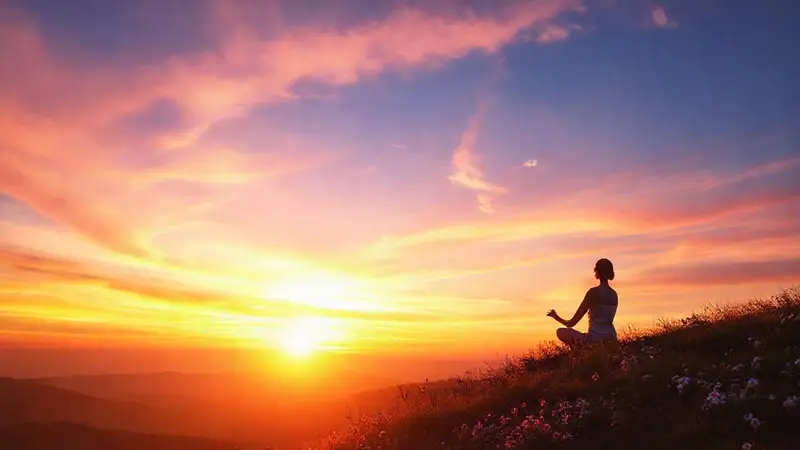 Paisaje sereno con meditación y colores cálidos