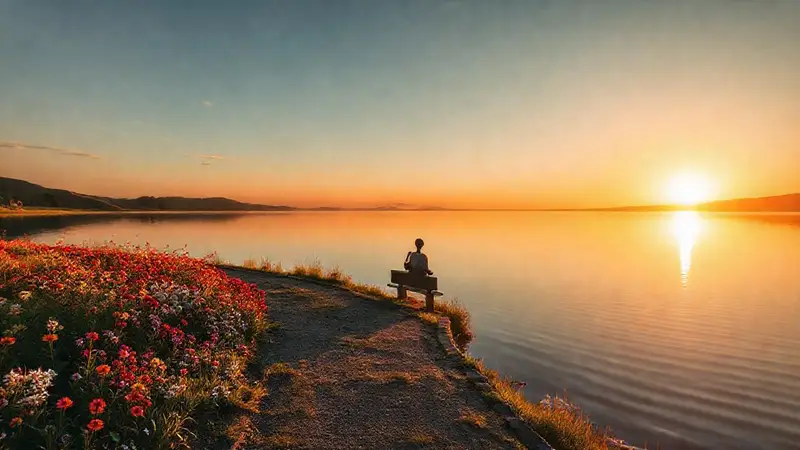 Amanecer sereno sobre lago tranquilo y flores