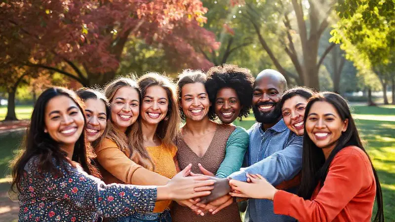 Grupo diverso sonriendo en un parque sereno