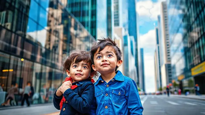 Gemelos curiosos exploran una ciudad vibrante