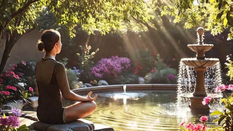 Persona meditando en un jardín sereno
