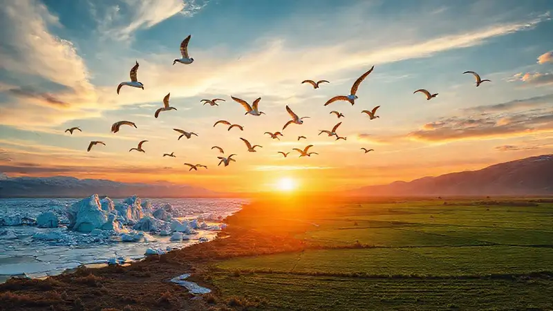 Aves migratorias volando en un paisaje cambiante