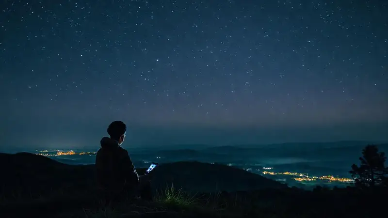 Observador de estrellas en un paisaje sereno