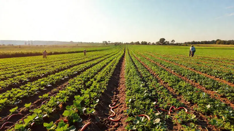 Campos verdes con cultivos y agricultores en armonía