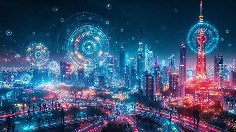 Ciudad futurista con tecnología y colores vibrantes