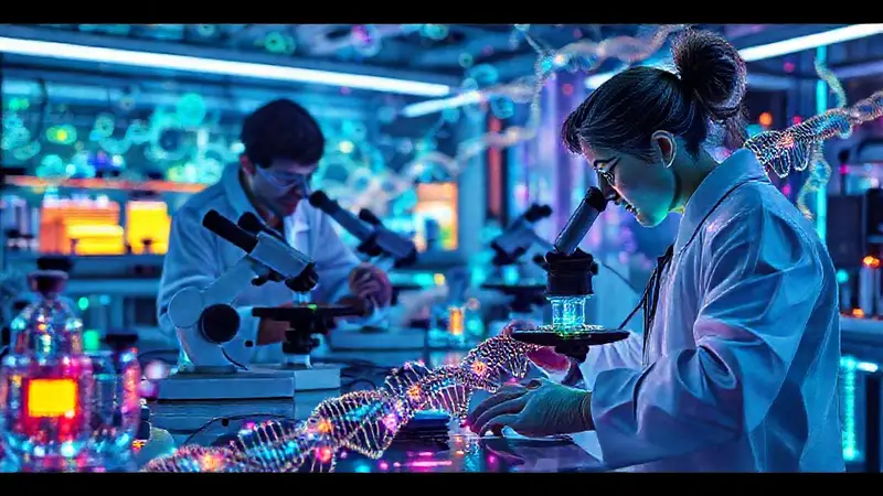 Laboratorio futurista con científicos y nanotecnología