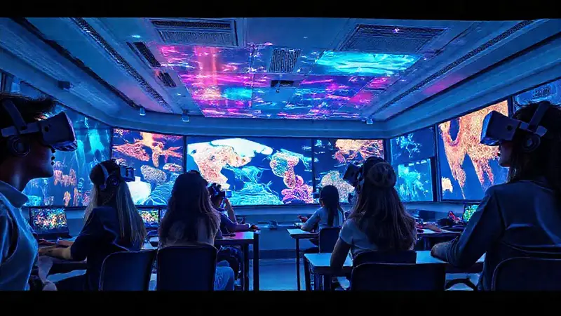 Aula futurista con estudiantes usando realidad virtual
