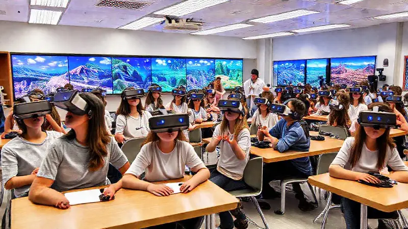 Salón de clases con estudiantes y tecnología VR