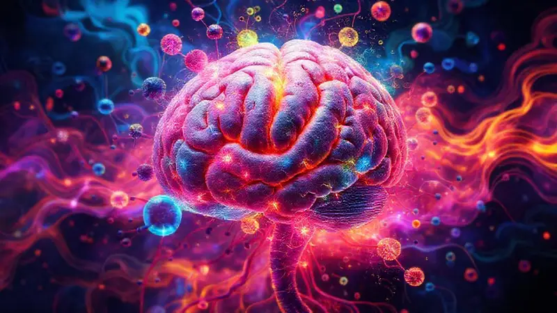 Cerebro humano rodeado de moléculas de drogas