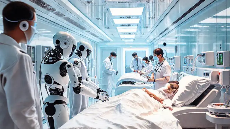 Hospital futurista con robots y tecnología avanzada