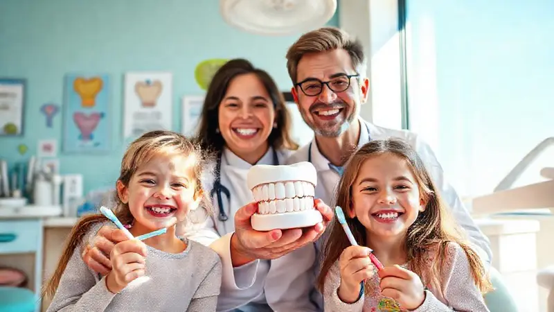 Familia feliz en clínica dental colorida