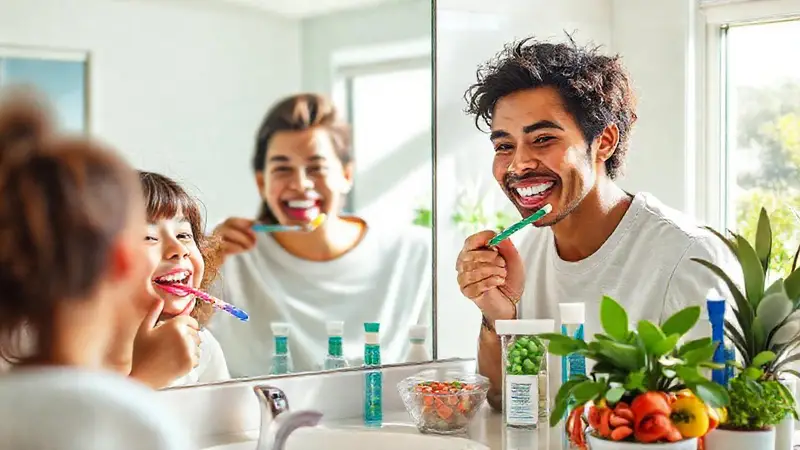Familia sonriente cepillándose los dientes alegremente