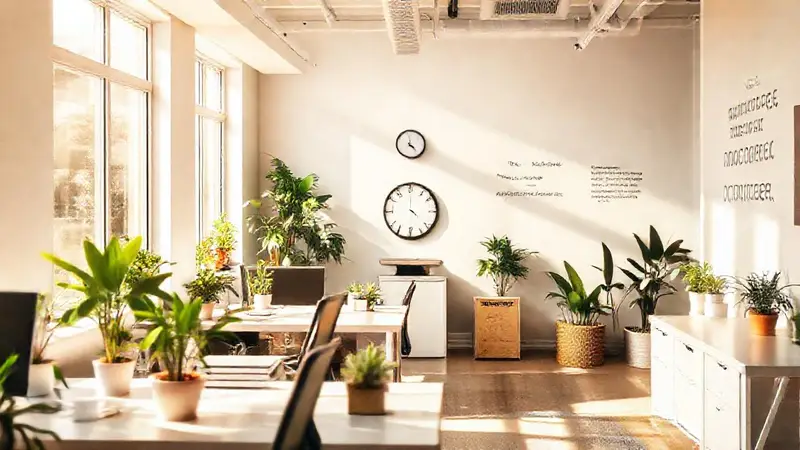 Oficina serena con luz, plantas y meditación
