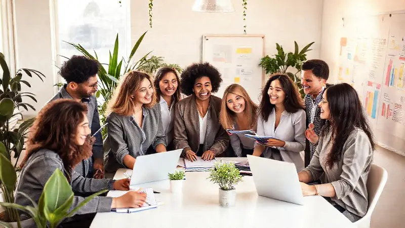 Profesionales sonrientes colaboran en oficina luminosa