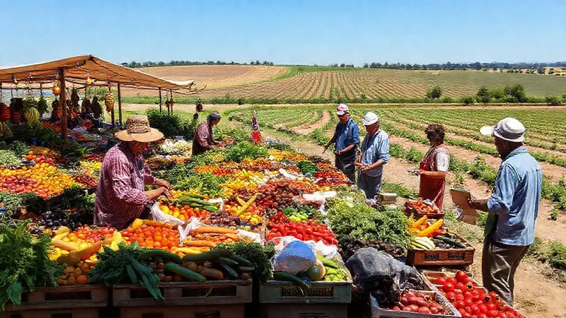Mercado agrícola vibrante con enfoque en sostenibilidad