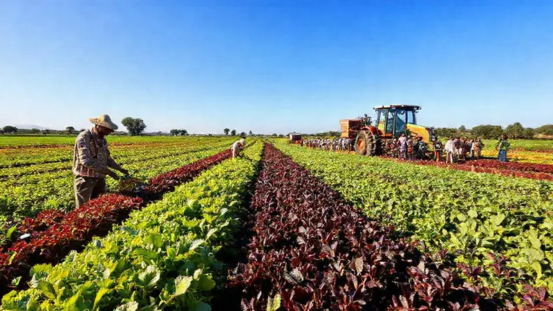 Agricultores trabajan en un campo próspero