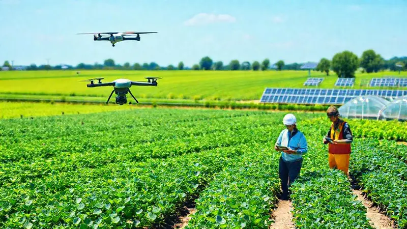 Granja futurista sostenible con tecnología avanzada