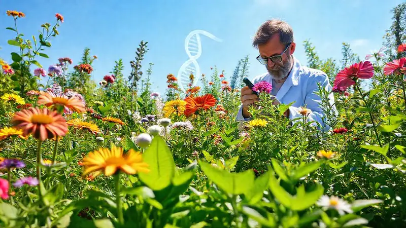 Jardín vibrante con plantas y genética científica