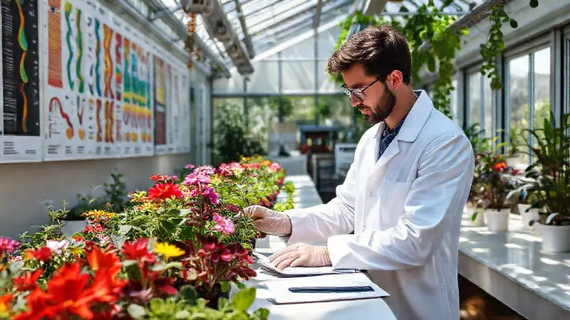 Científico estudia plantas en invernadero moderno