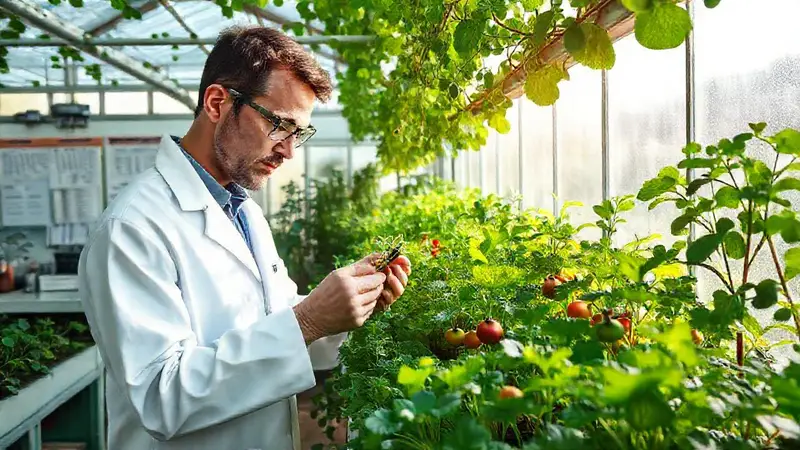 Científico analiza plantas en invernadero iluminado