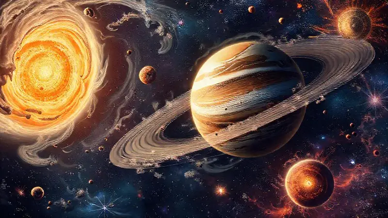 Formaciones planetarias y sistemas estelares coloridos