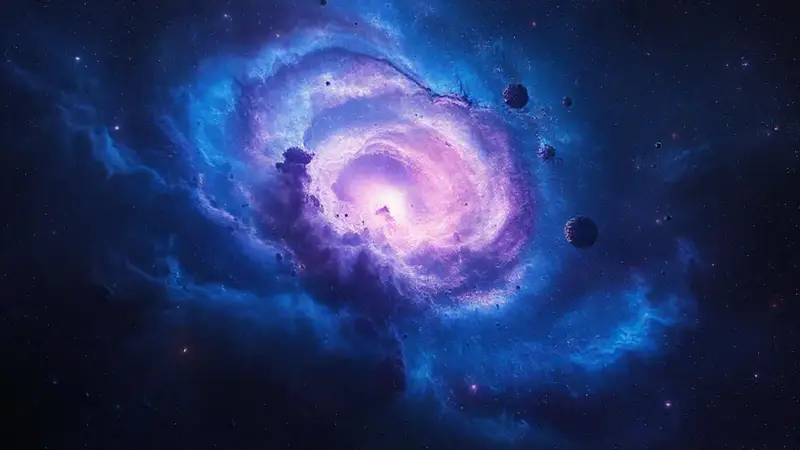 Nebulosa colorida con planetas y estrellas brillantes