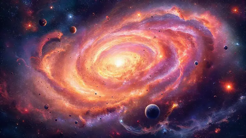 Galaxia vibrante con estrellas y planetas