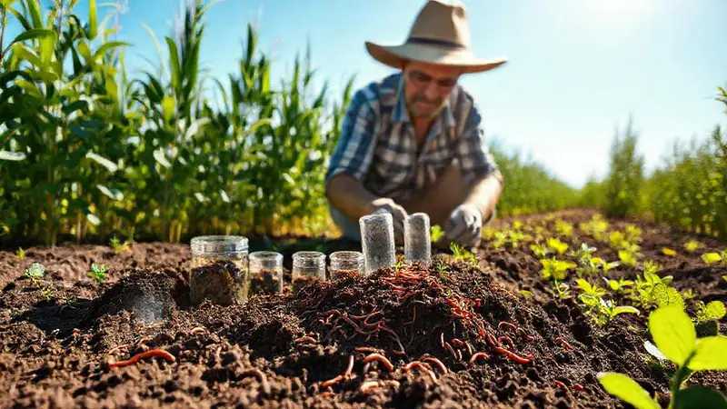Campo agrícola con cultivos y pruebas de suelo