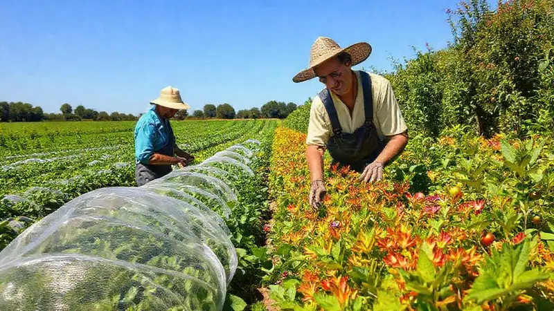 Agricultores cuidan cultivos en campos verdes