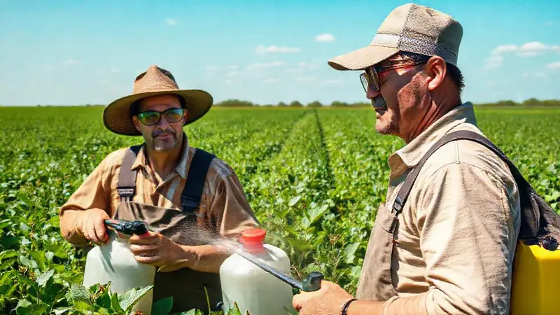 Agricultores protegen cultivos en campo verde