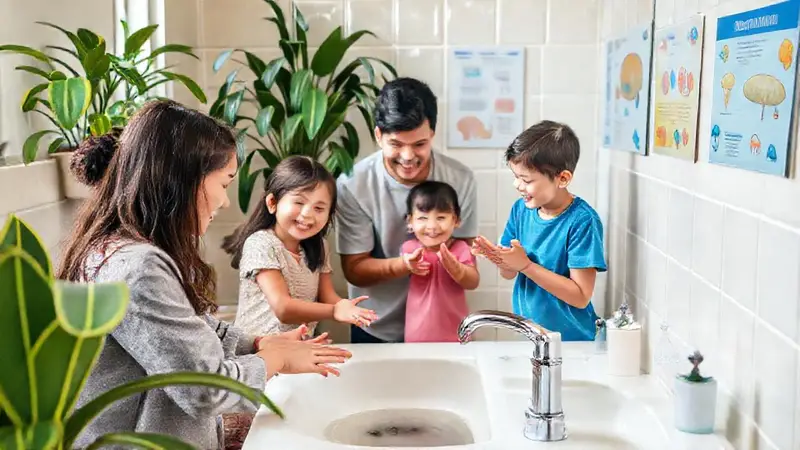 Familia feliz promueve higiene en baño