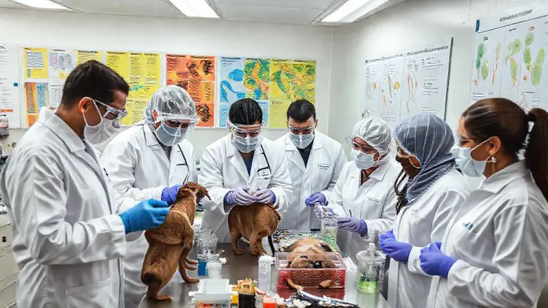 Científicos analizan muestras animales en laboratorio